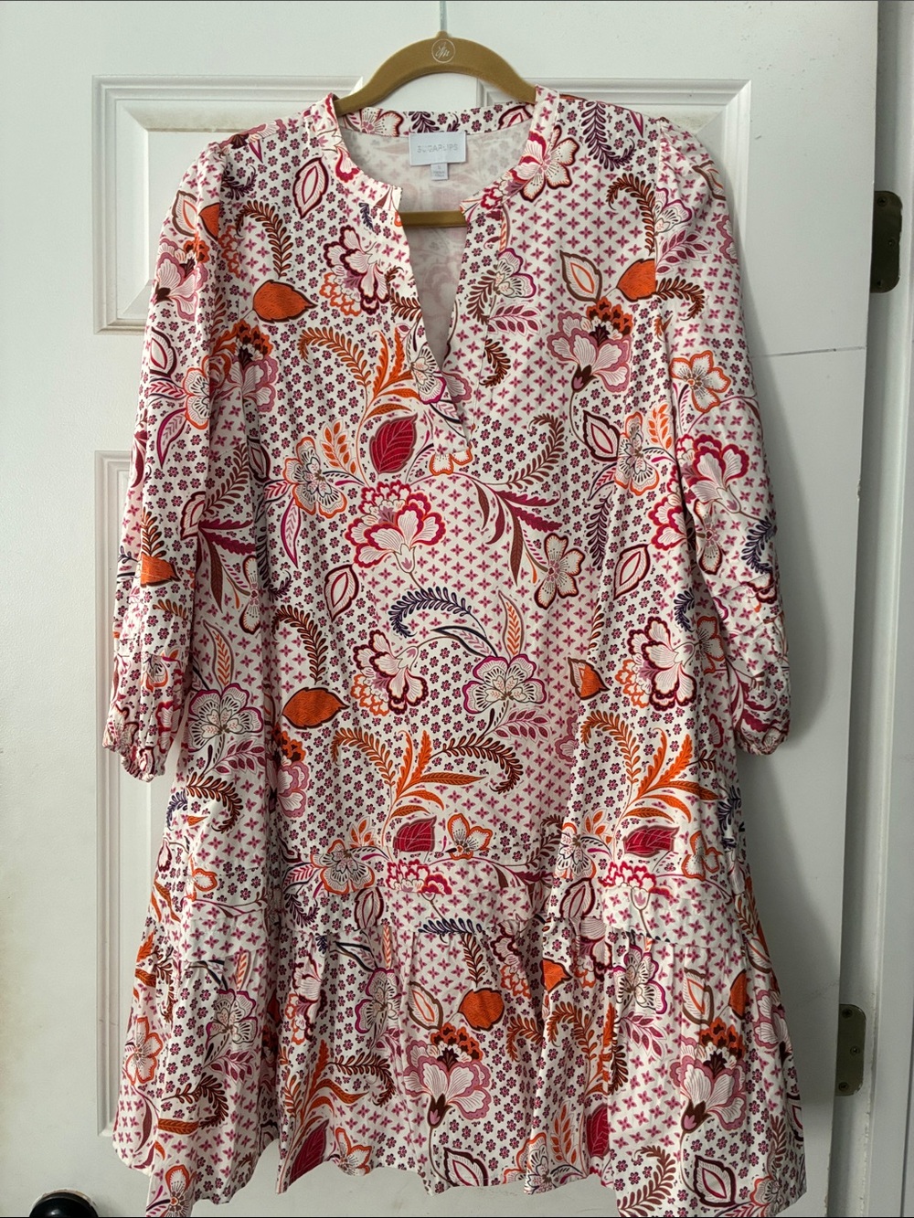 Sugarlips Pink Floral Long Sleeve Tiered Tunic Dress with Orange Accents